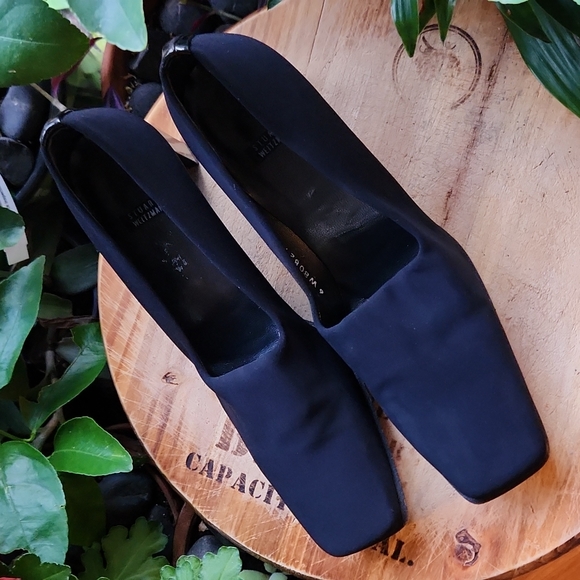 8.5B Black Stretch Nylon Backseam Stuart Weitzman Square-Toe Block Heel Pumps - Picture 2 of 10